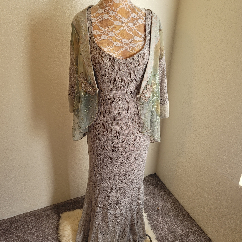 Knit Metallic Maxi Dress with Beaded And Velvet Burn Out Bolero
